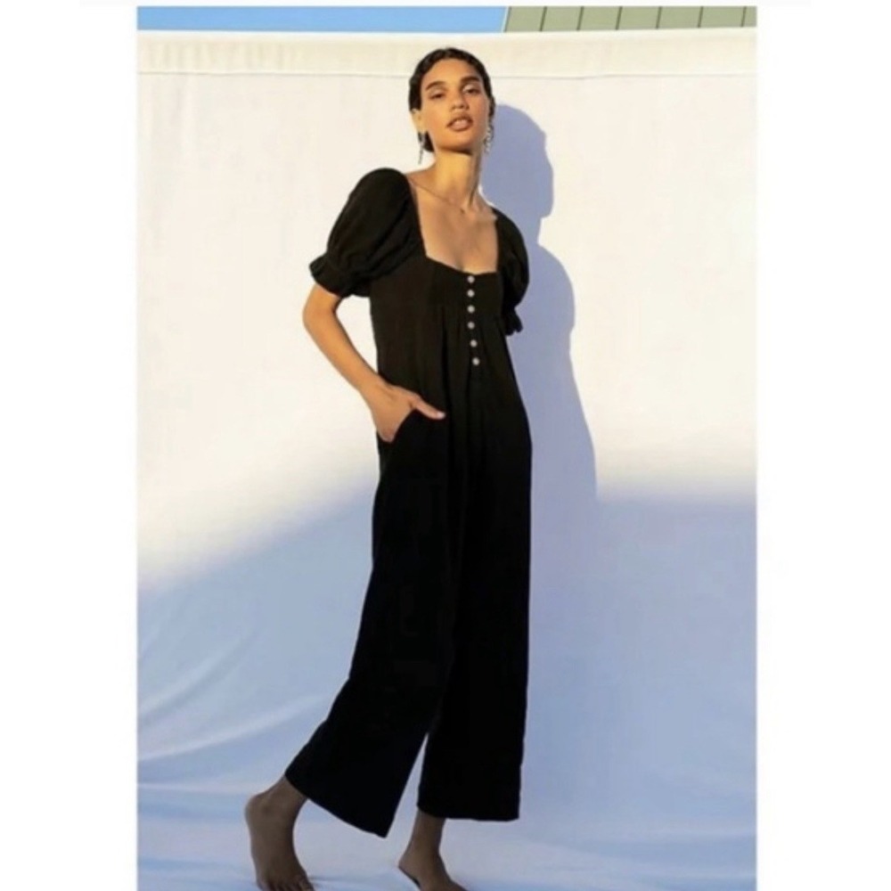 Free People Women's S‎ Black The Ideal Jumpsuit Wide Leg Cotton Line 0285